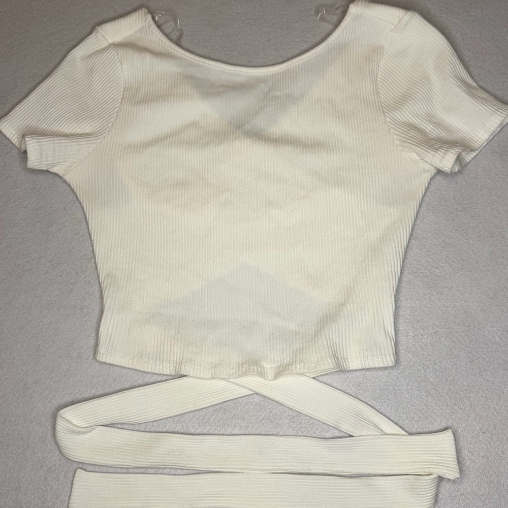 Attirance Chic Cream Ribbed Crop Cross Tie Top Balletcore Cotton Large Stretch